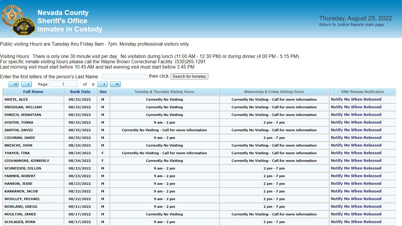 Inmates in Custody - County of Nevada Public Reporting